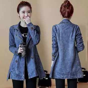 Женская повседневная однотонная джинсовая куртка с длинным рукавом и лацканами в корейском стиле 3XL синий