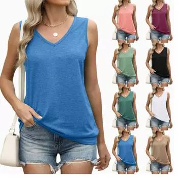 Женская повседневная однотонная футболка без рукавов с V-образным вырезом S белый