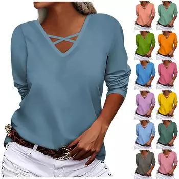 Женская повседневная однотонная футболка с длинным рукавом и v-образным вырезом через плечо L