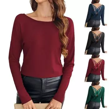 Женская повседневная однотонная футболка с длинными рукавами и принтом бабочки и цветка на спине L чёрный