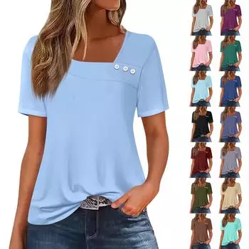 Женская повседневная однотонная футболка с косым вырезом и коротким рукавом, декоративная пуговица L армия зеленый