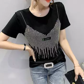 Женская повседневная однотонная футболка с круглым вырезом, женские уличные футболки, летняя футболка с короткими рукавами и бриллиантами XXXL белый