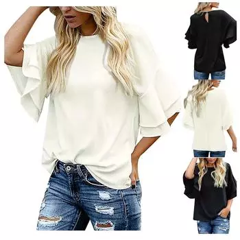 Женская повседневная однотонная футболка с расклешенными рукавами и круглым вырезом, свободный топ M белый