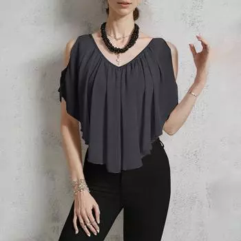 Женская повседневная однотонная футболка с V-образным вырезом и открытыми плечами L чёрный