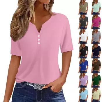 Женская повседневная однотонная футболка с V-образным вырезом и коротким рукавом, декоративная пуговица M розовый