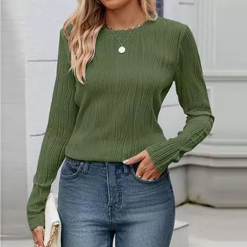 Женская повседневная однотонная футболка свободного кроя с круглым вырезом и длинными рукавами L армия зеленый