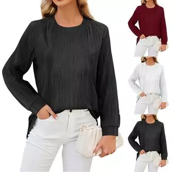 Женская повседневная однотонная футболка свободного кроя с круглым вырезом и длинными рукавами L чёрный