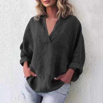 Женская повседневная однотонная хлопковая льняная блузка-пуловер с V-образным вырезом и длинными рукавами XL чёрный