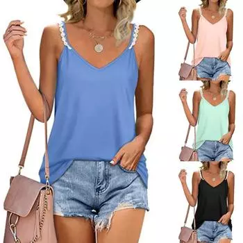 Женская повседневная однотонная кружевная майка с v-образным вырезом, свободная футболка без рукавов, топ S чёрный