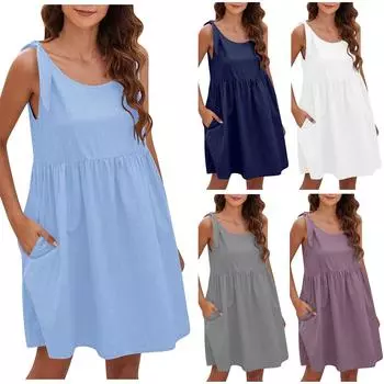 Женская повседневная однотонная кукольная юбка на бретельках со свободной талией, большая версия, модное хлопково-льняное платье XXL фиолетовый