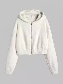 Женская повседневная однотонная куртка из искусственного меха с капюшоном, застежкой-молнией спереди, длинными рукавами и заниженной линией плеч XL белый