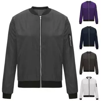 Женская повседневная однотонная куртка на молнии, кардиган, бейсбольная одежда, пальто с длинным рукавом M