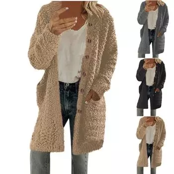 Женская повседневная однотонная куртка с круглым вырезом и длинными рукавами из плюша M чёрный