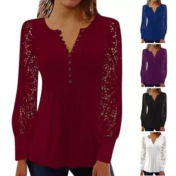 Женская повседневная однотонная плиссированная футболка на пуговицах с длинными рукавами и кружевом XXXXL чёрный