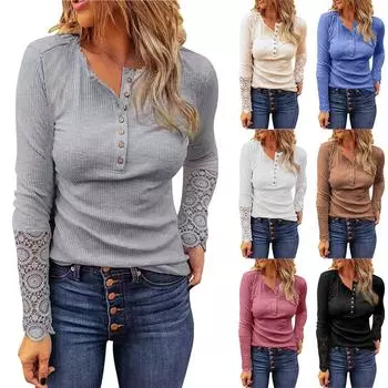 Женская повседневная однотонная полосатая однотонная приталенная футболка с круглым вырезом и кружевными рукавами L бежевый