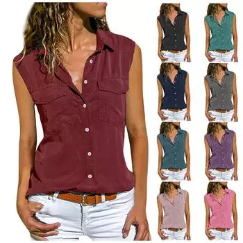Женская повседневная однотонная рубашка без рукавов с карманами и лацканами L циан