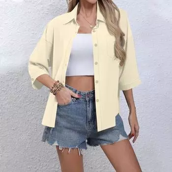 Женская повседневная однотонная рубашка на пуговицах, рубашка-платье с рукавом три четверти, рубашка для работы с лацканами и карманами L бежевый