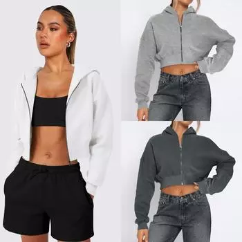 Женская повседневная однотонная рубашка с длинным рукавом и карманом на молнии, толстовка с капюшоном S бежевый