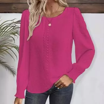 Женская повседневная однотонная рубашка с длинным рукавом и круглым вырезом из кружева L