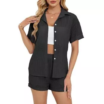Женская повседневная однотонная рубашка с короткими рукавами, топы, шорты, домашняя одежда, комплект из двух предметов L чёрный