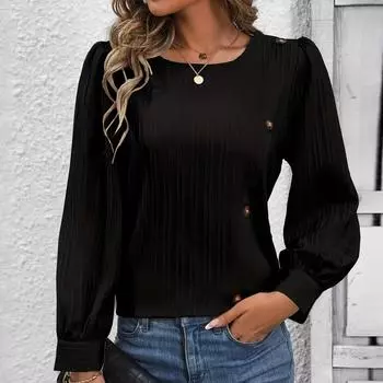 Женская повседневная однотонная рубашка с круглым вырезом и имитацией пуговиц с длинными рукавами L чёрный