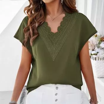 Женская повседневная однотонная рубашка с v-образным вырезом и короткими рукавами S розовый