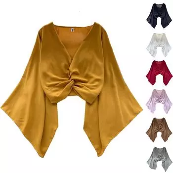 Женская повседневная однотонная рубашка с V-образным вырезом и длинными рукавами с узором «крученый рог» с коротким топом One Size чёрный