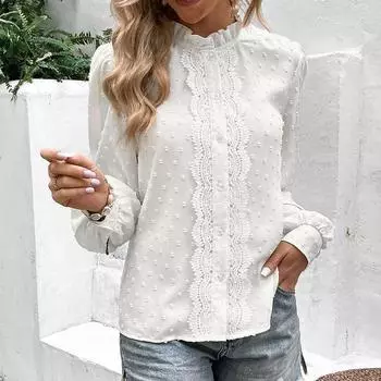 Женская повседневная однотонная рубашка в горошек с полувысоким воротом и кружевом для женщин S белый