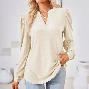 Женская повседневная однотонная свободная футболка с V-образным вырезом и длинным рукавом, топ-пуловер L бежевый