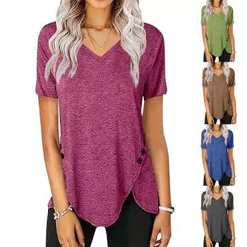 Женская повседневная однотонная свободная футболка с v-образным вырезом и коротким рукавом