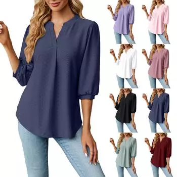 Женская повседневная однотонная свободная футболка с V-образным вырезом и рукавом семь четвертей L чёрный