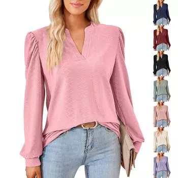 Женская повседневная однотонная свободная футболка с V-образным вырезом и длинным рукавом, топ-пуловер L бежевый