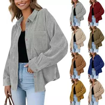 Женская повседневная однотонная свободная куртка с лацканами на пуговицах больших размеров L коричневый