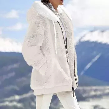 Женская повседневная однотонная свободная плюшевая куртка на молнии с капюшоном и карманами XXL бежевый