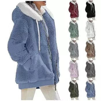 Женская повседневная однотонная свободная плюшевая куртка на молнии с капюшоном и карманами L