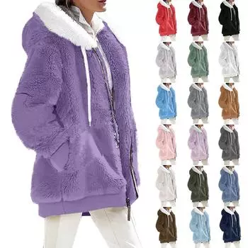 Женская повседневная однотонная свободная плюшевая куртка на молнии с капюшоном и карманами XXXXL