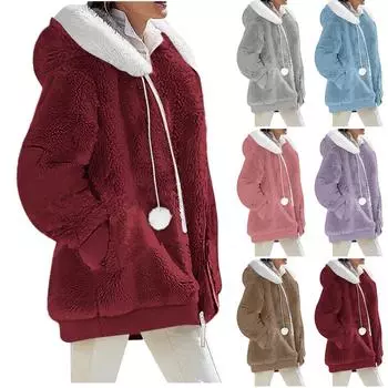 Женская повседневная однотонная свободная плюшевая куртка на молнии с капюшоном и карманами L коричневый