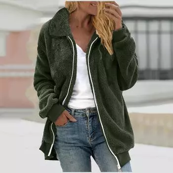 Женская повседневная однотонная свободная плюшевая куртка с застежкой-молнией и отложным воротником с карманами L армия зеленый