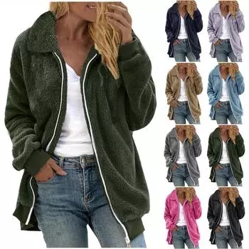 Женская повседневная однотонная свободная плюшевая куртка с застежкой-молнией и отложным воротником с карманами L армия зеленый