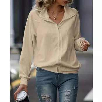 Женская повседневная однотонная свободная трикотажная куртка с длинными рукавами на молнии L бежевый