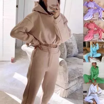Женская повседневная однотонная толстовка с длинными рукавами и брюками, свитер, спортивный костюм