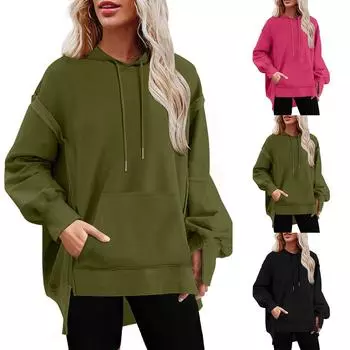 Женская повседневная однотонная толстовка с круглым вырезом и карманами в стиле пэчворк S розовый