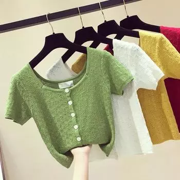 Женская повседневная однотонная трикотажная футболка с квадратным воротником и пуговицами с короткими рукавами One Size