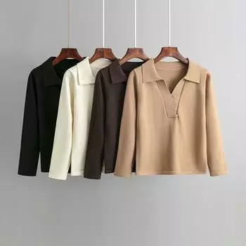 Женская повседневная однотонная трикотажная рубашка с пуговицами и V-образным вырезом, длинный рукав, свободный дышащий пуловер, трикотажный топ с воротником поло, модная простая мягкая удобная трикотажная рубашка one size чёрный