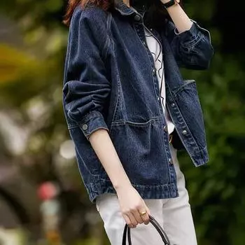 Женская повседневная однотонная укороченная джинсовая куртка с длинными рукавами XL темно-синий