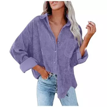 Женская повседневная однотонная вельветовая куртка с длинным рукавом и лацканами XXXL фиолетовый