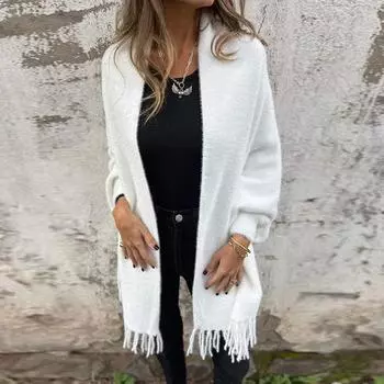 Женская повседневная осенне-зимняя вязаная шаль с бахромой, модная теплая, свободного размера, однотонная, с рукавами «летучая мышь», кардиган S белый