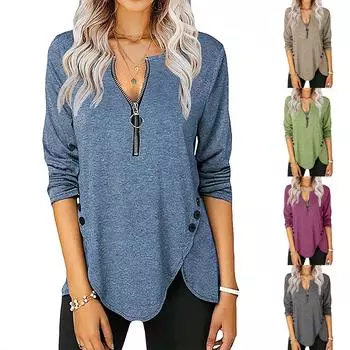 Женская повседневная осенняя футболка с длинными рукавами на молнии и пуговицах S кофейный