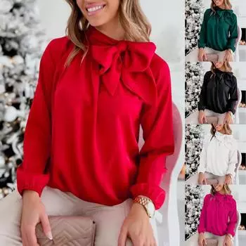Женская повседневная осенняя однотонная рубашка с бантом и длинным рукавом, блузка, топы M красный