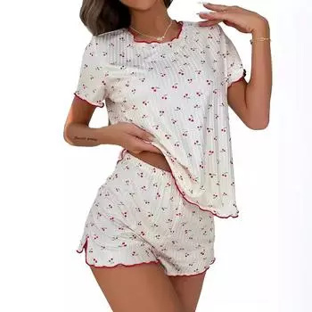 Женская повседневная пижама для дома с принтом вишни, шорты с коротким рукавом, круглый вырез, комплект из двух предметов L
